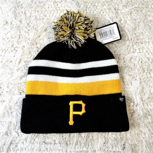 NEW Men's '47 Black Pittsburgh Pirates State Line Cuffed Knit Hat with Pom - Picture 1 of 10